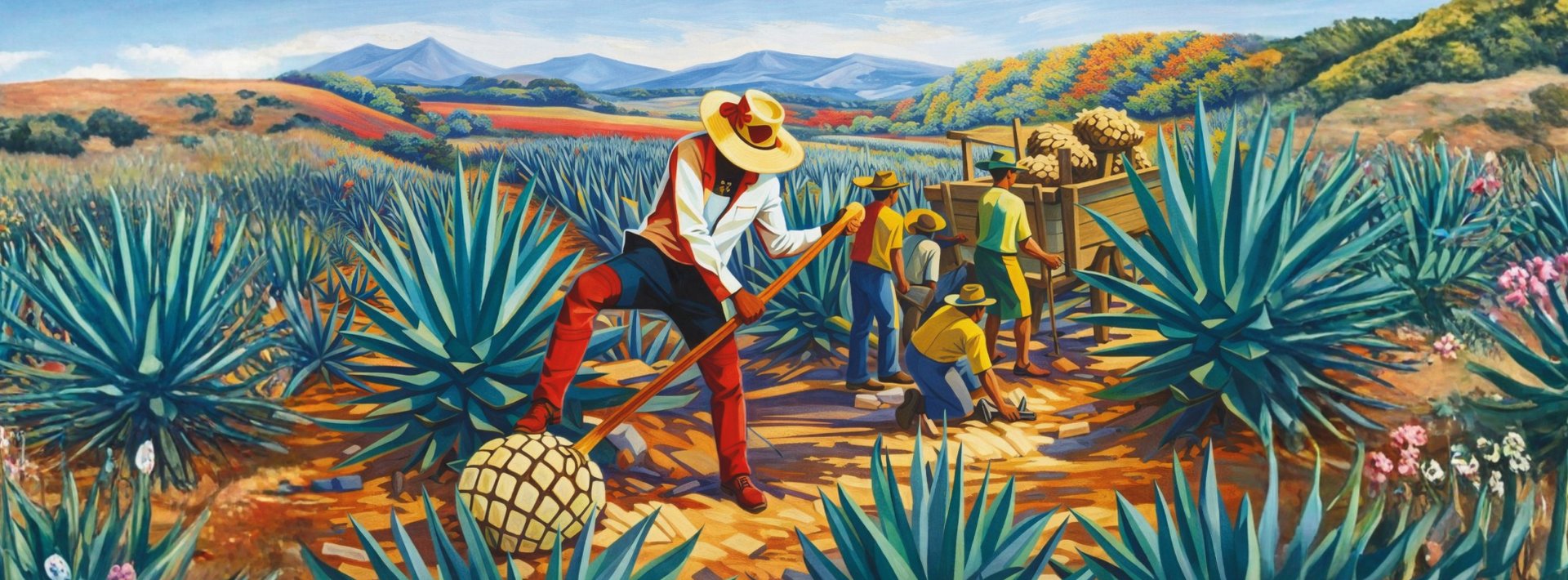 Mural of jimadores harvesting blue agave